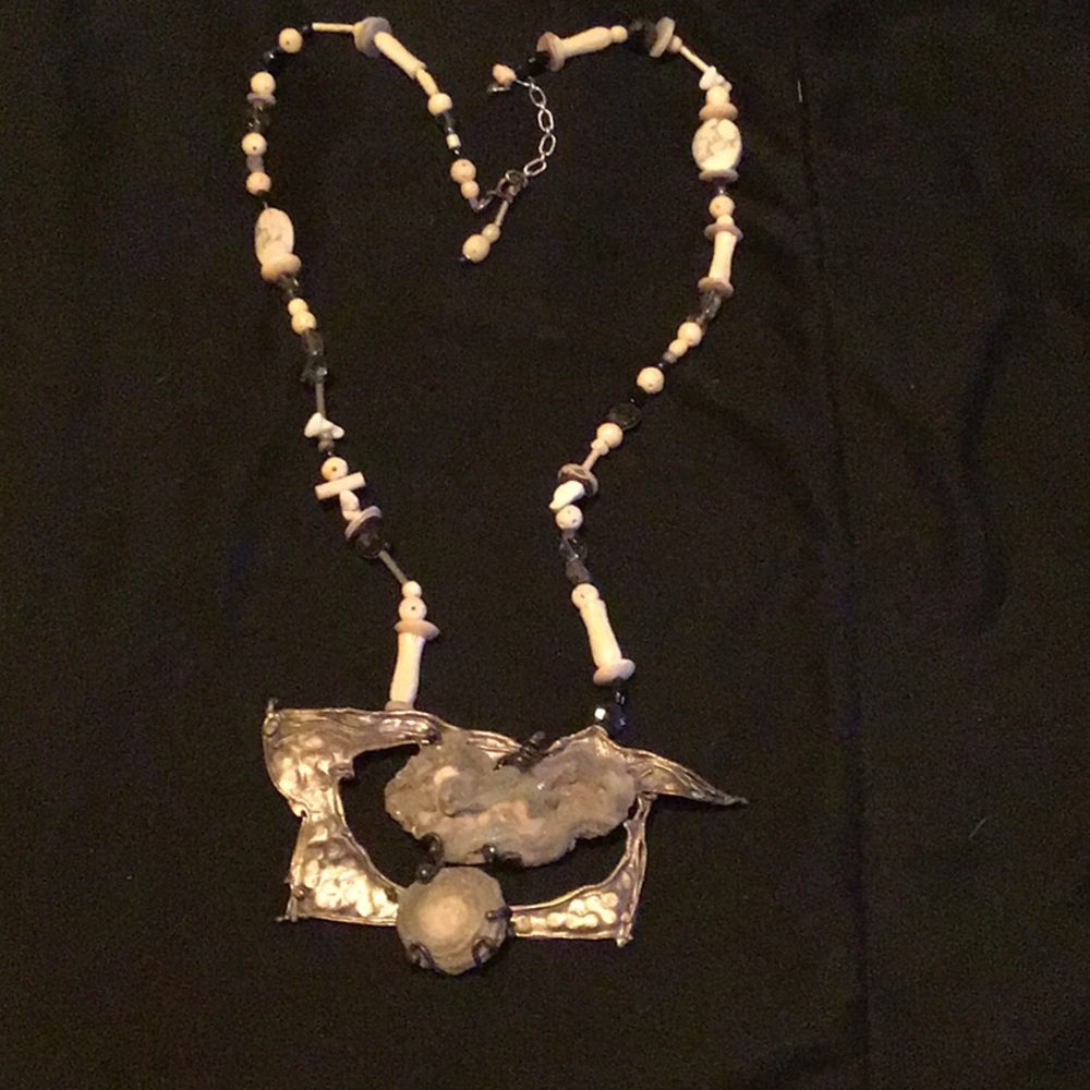 Artisan silver, bone, crystal, and stone, one of a kind, drop necklace